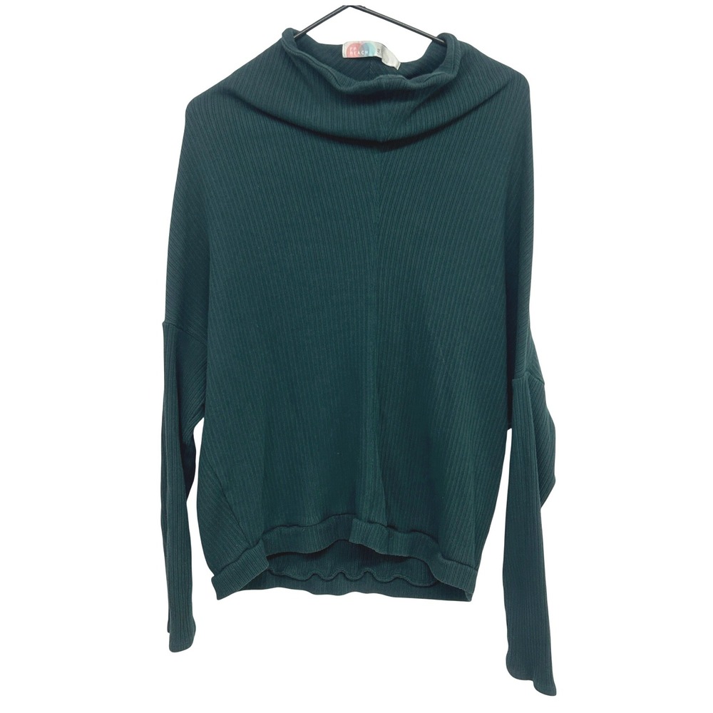 Free People FP Beach Ribbed Mock Neck Pullover Top Medium Dark Green Boho Earthy